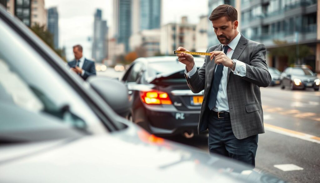 A detailed scene capturing the aftermath of a traffic collision, focused on assessing real damages. In the foreground, a professional insurance adjuster, dressed in formal business attire, examines the damaged parts of a car with a measuring tool. In the middle ground, a damaged vehicle with crumpled fenders and broken glass reflects the tension of the situation. The background features a blurred view of a city street, suggesting an ordinary urban environment under overcast skies, casting soft diffused light. The atmosphere is serious and contemplative, highlighting the process of evaluating actual damages and preparing for compensation claims. Use a slightly elevated angle to provide a comprehensive view of the scene, emphasizing the adjuster’s diligent work.