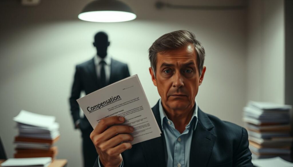 A concerned individual, a middle-aged man in professional attire, stands in the foreground, looking distressed as he holds a document labeled 'Compensation' in one hand. In the middle ground, a shadowy figure representing an insurance company looms, depicted as a faceless silhouette wearing a suit, exuding a sense of authority and ambiguity. The background features a blurred office setting with stacks of paperwork and a flickering overhead light, creating a tense, claustrophobic atmosphere. Soft, ambient lighting highlights the man's expression and the document, while the overall color palette is muted, emphasizing feelings of frustration and disappointment. The scene is captured with a slightly tilted angle, enhancing the sense of unease and tension regarding the topic of inadequate compensation outcomes.