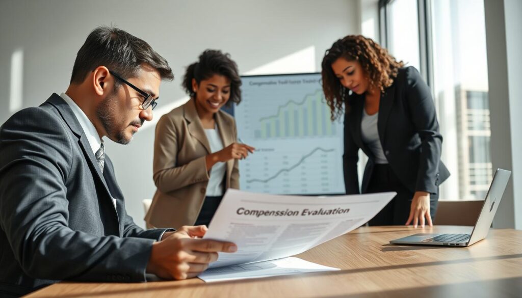 A professional business setting featuring a diverse group of three individuals gathered around a conference table, intently reviewing a large document titled "Compensation Evaluation." The foreground includes a focused man in a suit analyzing the paperwork, while a woman in business attire takes notes on the side. In the middle ground, a woman in smart casual clothing points to a chart projected on a screen that highlights various compensation figures. The background showcases an office environment with a large window allowing natural light to flood in, creating an optimistic mood. Soft shadows enhance the professional atmosphere, and the lens captures the scene at a slight angle for a dynamic perspective. The overall ambiance conveys determination and collaboration in the pursuit of fair compensation verification.