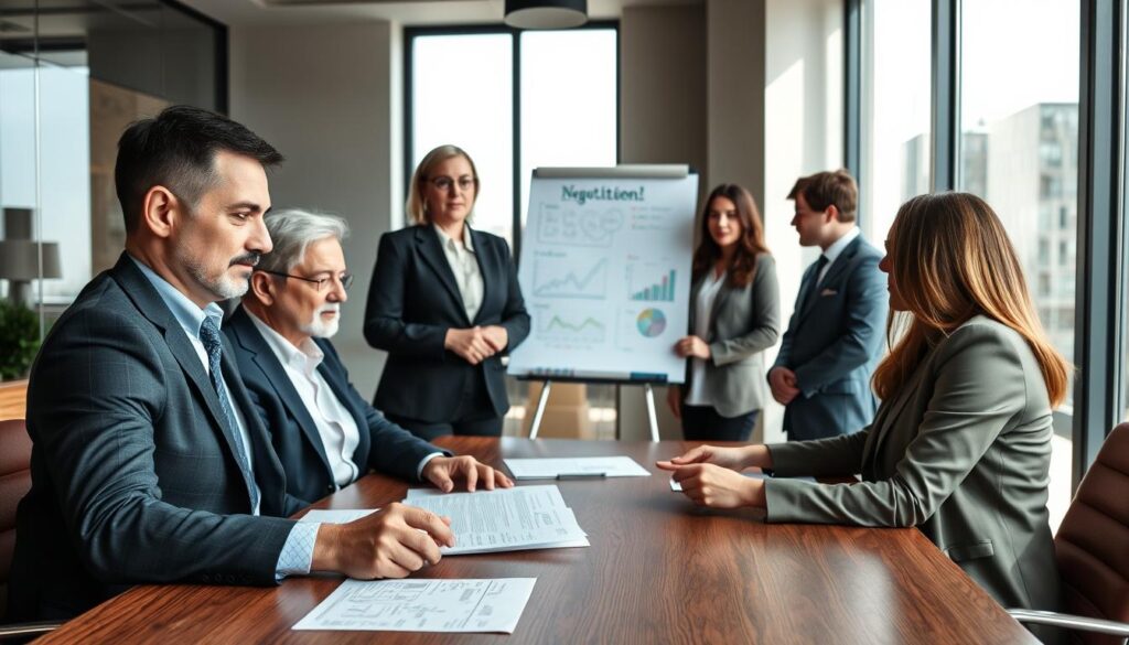 A professional mediation setting in a modern conference room, showcasing a diverse group of individuals engaged in discussion, dressed in smart business attire. In the foreground, a middle-aged man and a young woman are seated at a large wooden table, reviewing documents with focused expressions. The middle ground features a mediator—a calm, experienced woman—gesturing towards a whiteboard filled with charts and notes, symbolizing negotiation strategies. The background reveals large windows with natural light streaming in, casting soft shadows. The atmosphere is collaborative and tense yet hopeful, reflecting the seriousness of insurance claims mediation. The overall composition should convey professionalism, trust, and a sense of resolution, with a hint of urgency in the expressions of the participants.