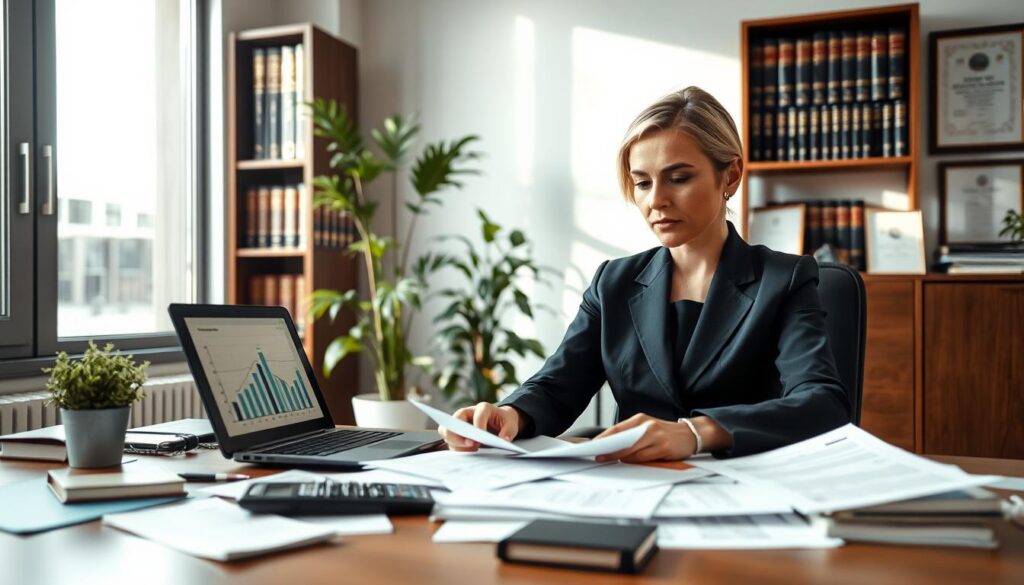 A professional office environment with a businesswoman in modest, professional attire seated at a desk, reviewing documents related to car accident compensation claims. The foreground features a cluttered desk with papers, a calculator, and a laptop displaying charts. In the middle, a large window allows natural light to flood the room, casting soft shadows, while an indoor plant adds a touch of greenery. In the background, shelves filled with legal books and framed certifications emphasize the professionalism of the setting. The mood is focused and serious, reflecting a thorough investigation into insurance claims. The scene is captured in a soft focus, simulating a depth of field effect that highlights the businesswoman's concentration.