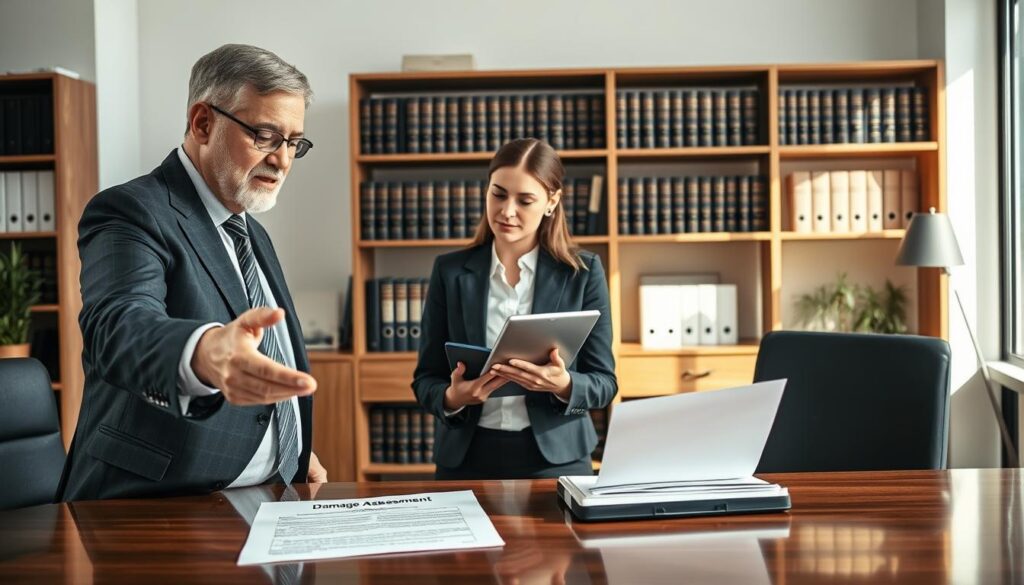 A professional setting depicting a conversation between two individuals in a modern office. In the foreground, a middle-aged man in a business suit gestures towards a document titled "Damage Assessment" on a polished wooden desk. In the middle, a young woman, also in business attire, listens intently while taking notes on a tablet. The background features shelves filled with legal books and a large window that brings in natural sunlight, illuminating the room and creating a bright, focused atmosphere. The lighting is soft yet clear, highlighting the expressions of concentration and determination on their faces as they discuss the complexities of insurance payouts. The overall mood reflects professionalism, engagement, and a proactive approach to financial negotiations.