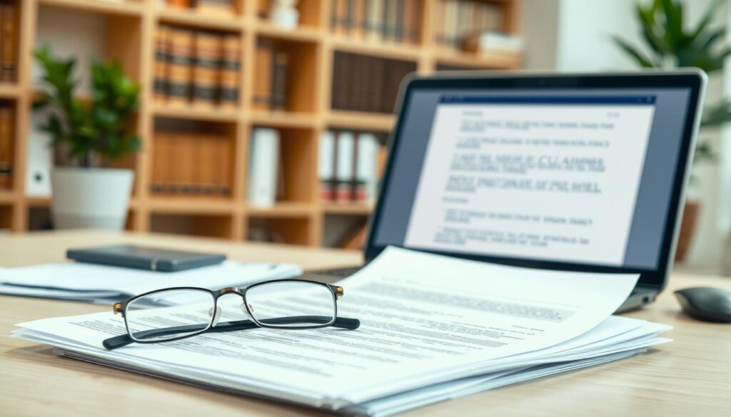 A well-organized office desk scene conveying professionalism and clarity. In the foreground, a stack of important documents and forms related to insurance claims is neatly arranged, showcasing details like printed text and government seals. A pair of glasses rests beside the documents, hinting at careful review. In the middle, a laptop screen displays an open email draft, symbolizing communication with the insurance company, while a notepad with written notes lies nearby. The background features a softly lit office space with bookshelves filled with legal texts and a potted plant, adding a touch of warmth. The overall lighting is bright and inviting, creating a mood of focus and determination, emphasizing the seriousness of preparing necessary documents for an insurance claim appeal.