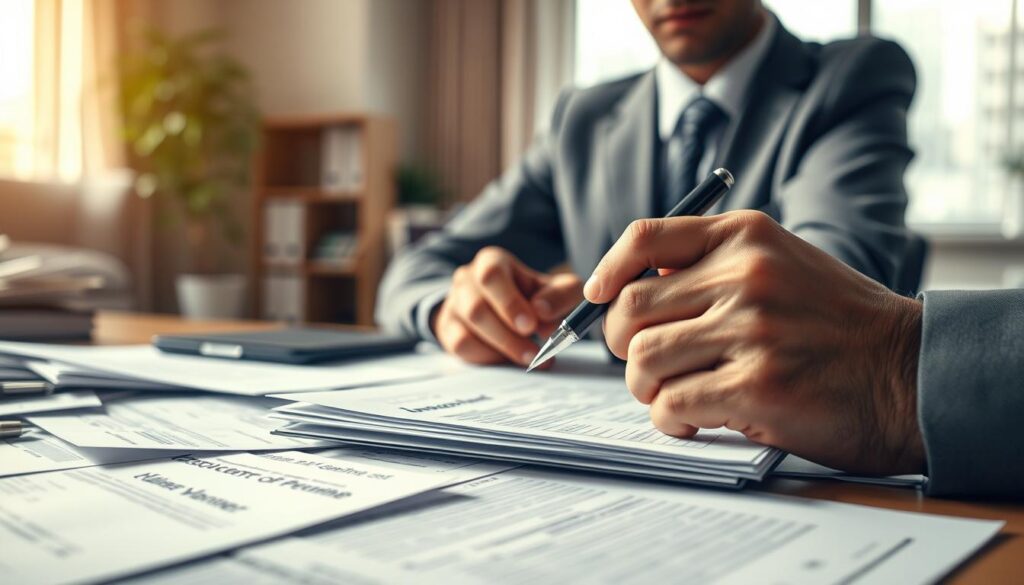 A professional business environment depicting a person in formal attire, looking thoughtfully at a desk cluttered with documents related to accident compensation claims. The foreground features a close-up of hands holding a pen, poised over a claims form, conveying a sense of seriousness and focus. In the middle ground, various papers scatter around, including insurance policies and legal documents, hinting at the complexity of the claims process. The background shows a softly blurred office space with a large window allowing natural light to pour in, creating an inviting yet professional atmosphere. A warm color palette enhances the mood, suggesting determination and hope amidst challenges. The overall composition emphasizes the intricacies and common errors people face when seeking compensation after an accident.