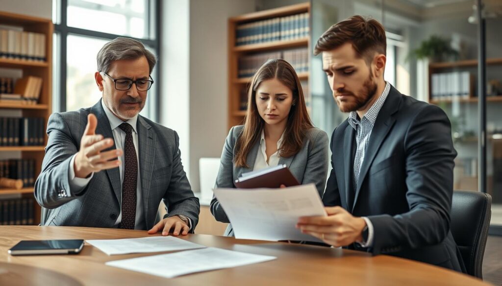A professional consultation scene depicting a diverse group of three experts discussing an insurance claim in a modern office space. In the foreground, a middle-aged male consultant in a tailored suit gestures towards a document on the table, while a young female consultant in smart business attire takes notes on a notepad. In the middle, a worried client, dressed in casual but neat clothing, listens attentively. The background reveals shelves filled with legal books and a large window with natural light streaming in, creating a warm and inviting atmosphere. The camera angle is slightly elevated, focusing on the group dynamics, conveying a sense of professionalism, trust, and urgency in the consultation process.