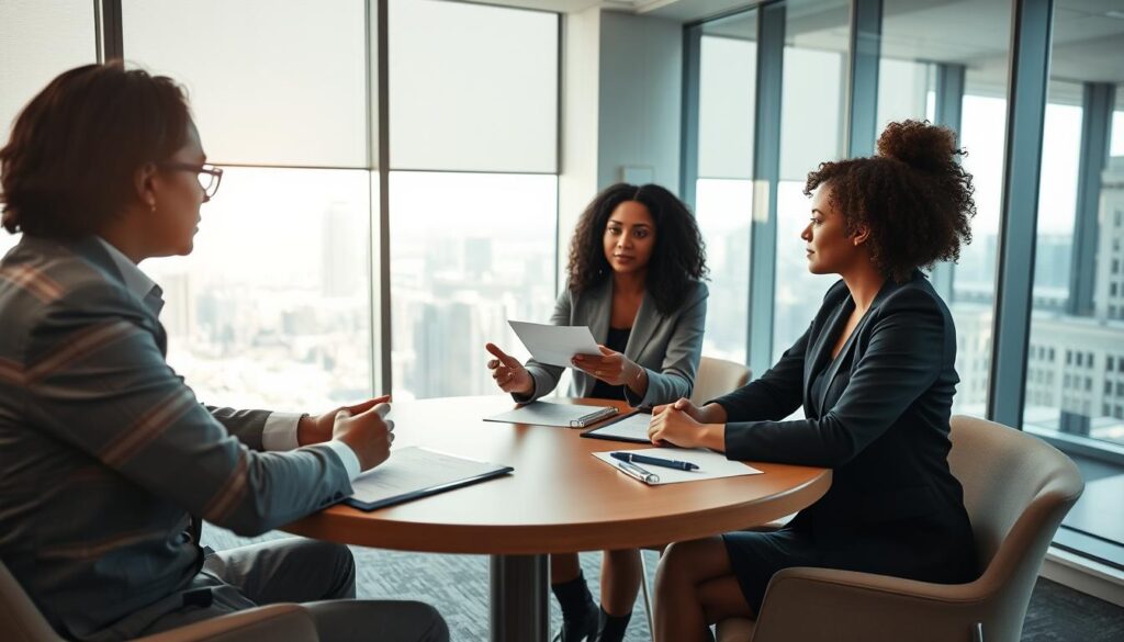 A professional mediation session taking place in a well-lit, modern conference room. In the foreground, a diverse group of three individuals in professional business attire, engaged in discussion, with one person gesturing towards a document on the table, indicating collaboration. The middle layer shows a round table equipped with legal documents, notepads, and pens, creating an atmosphere of negotiation. Soft, natural light streaming through large windows in the background, revealing a cityscape that suggests a bustling urban environment. The overall mood is focused and constructive, emphasizing teamwork and resolution in conflict. The use of a wide-angle lens captures the open space and the seriousness of the mediation setting.